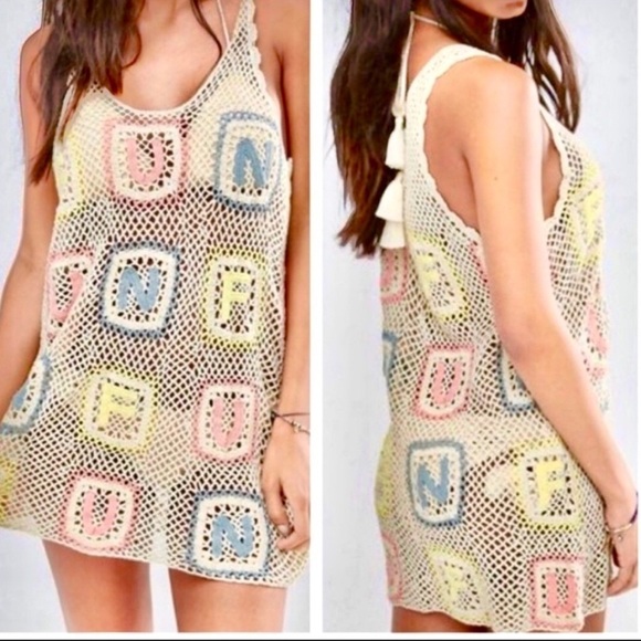 Wildfox Sabrina Fun Granny Square Crochet Mini Dress Cover-up in Cream Pastel - Picture 3 of 14